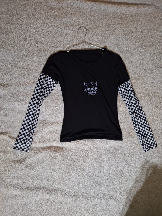 Playera Crop Negra Mangas a Cuadros