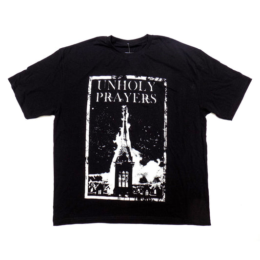 Playera negra unholy prayer cristo en iglesia en llamas